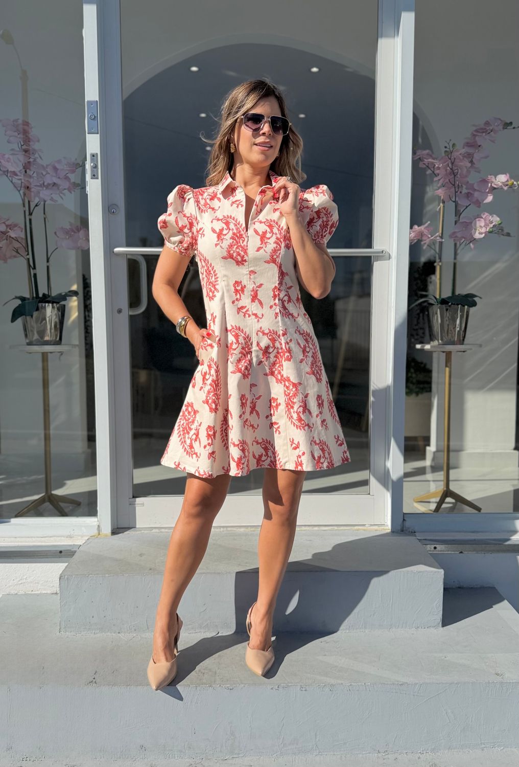 Coral Printed Puff Sleeve Dress