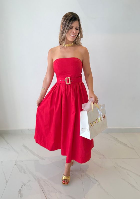 Red Strapless Midi Dress