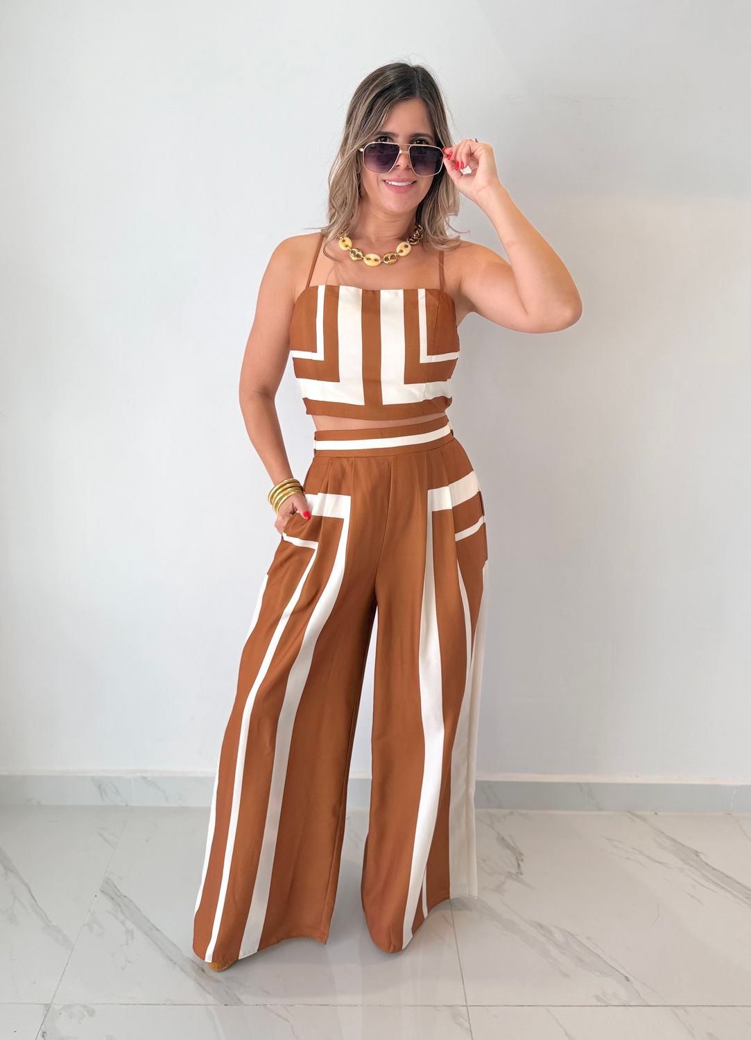 Camel Stripes Casual Pant Set