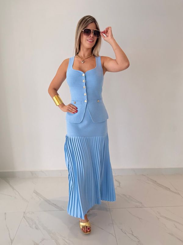 Blue Knit Vest Skirt Set