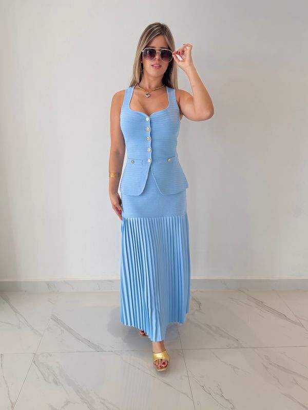 Blue Knit Vest Skirt Set