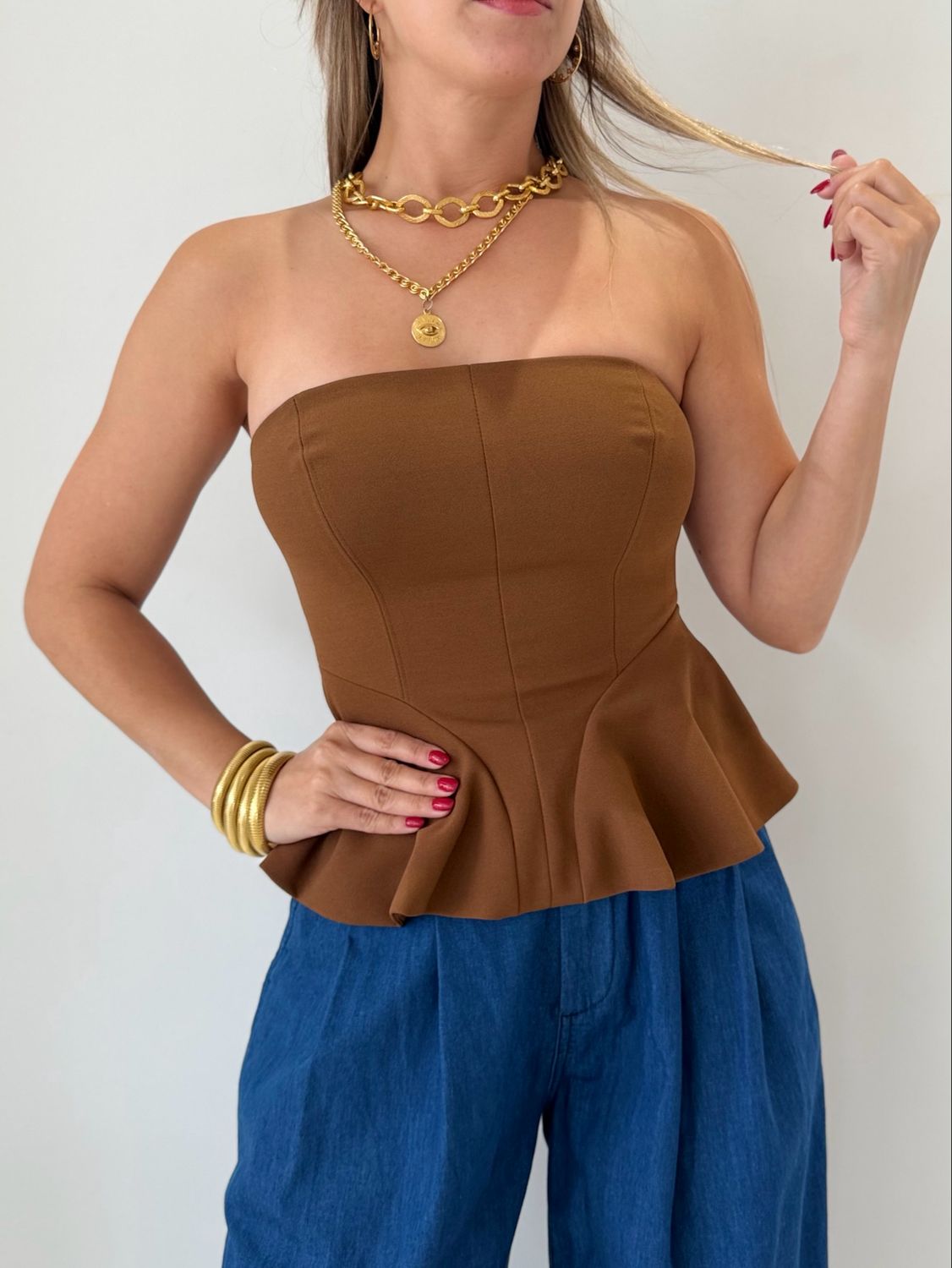 Camel Strapless Peplum Top