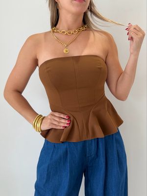 Camel Strapless Peplum Top