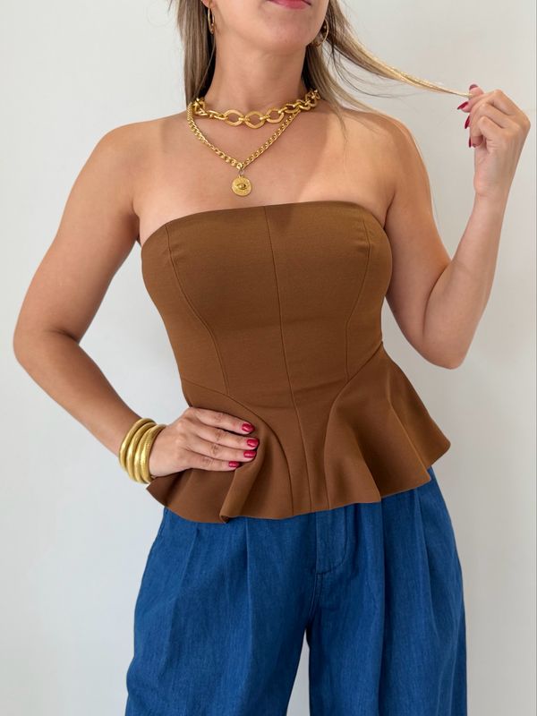 Camel Strapless Peplum Top
