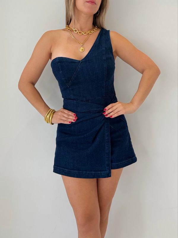 One Shoulder Denim Romper