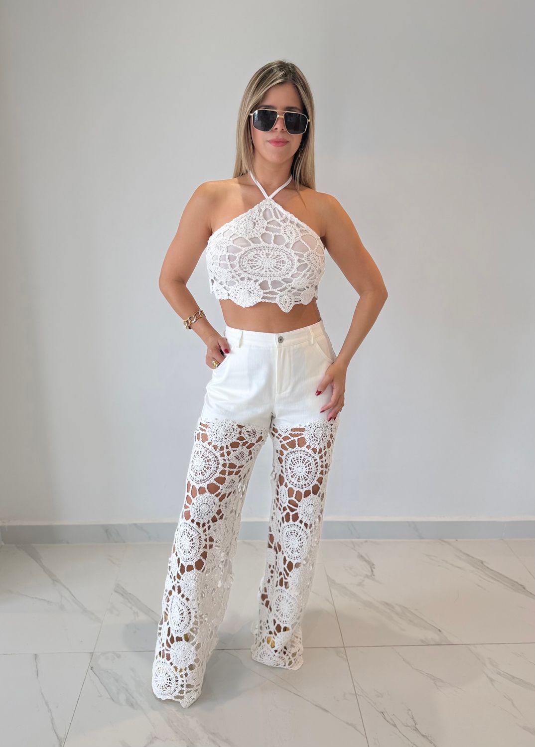 White Crochet Pant Set