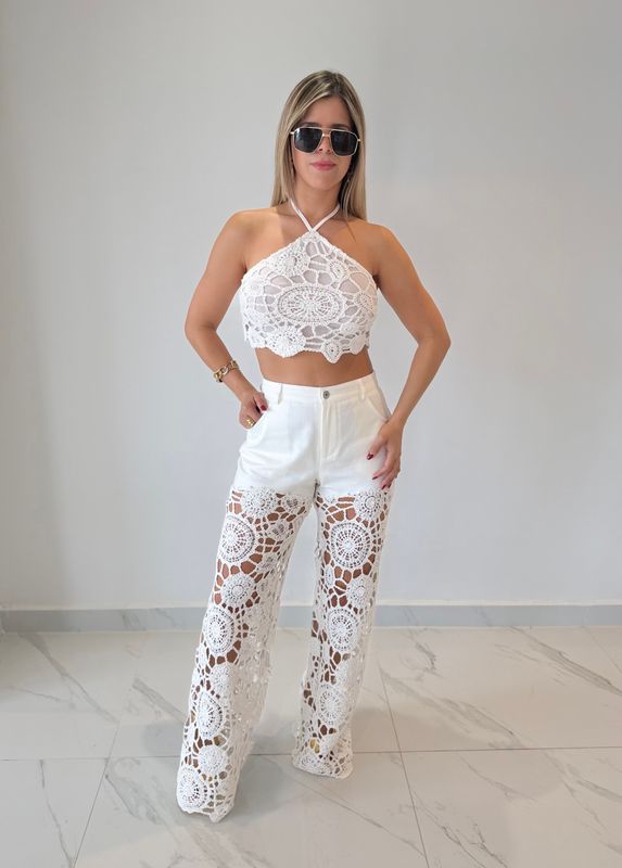 White Crochet Pant Set