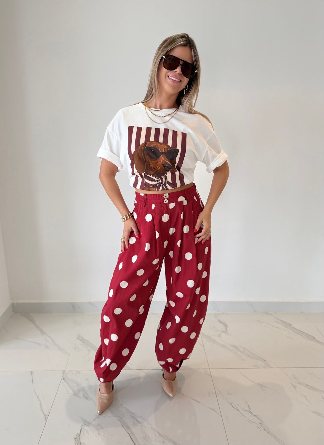 Burgundy Polka Dots Barrel Pant