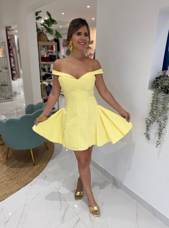 Yellow Butter Off Shoulder Short Dress