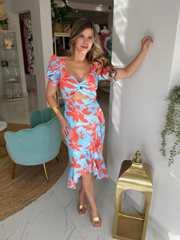 Tropic Blue &amp; Orange Midi Dress Exclusive Collection