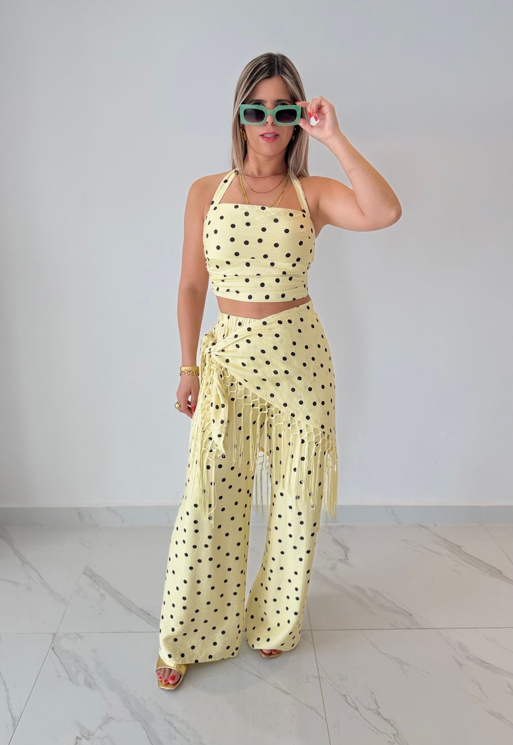 Polka Dots Pant Set With Scarf