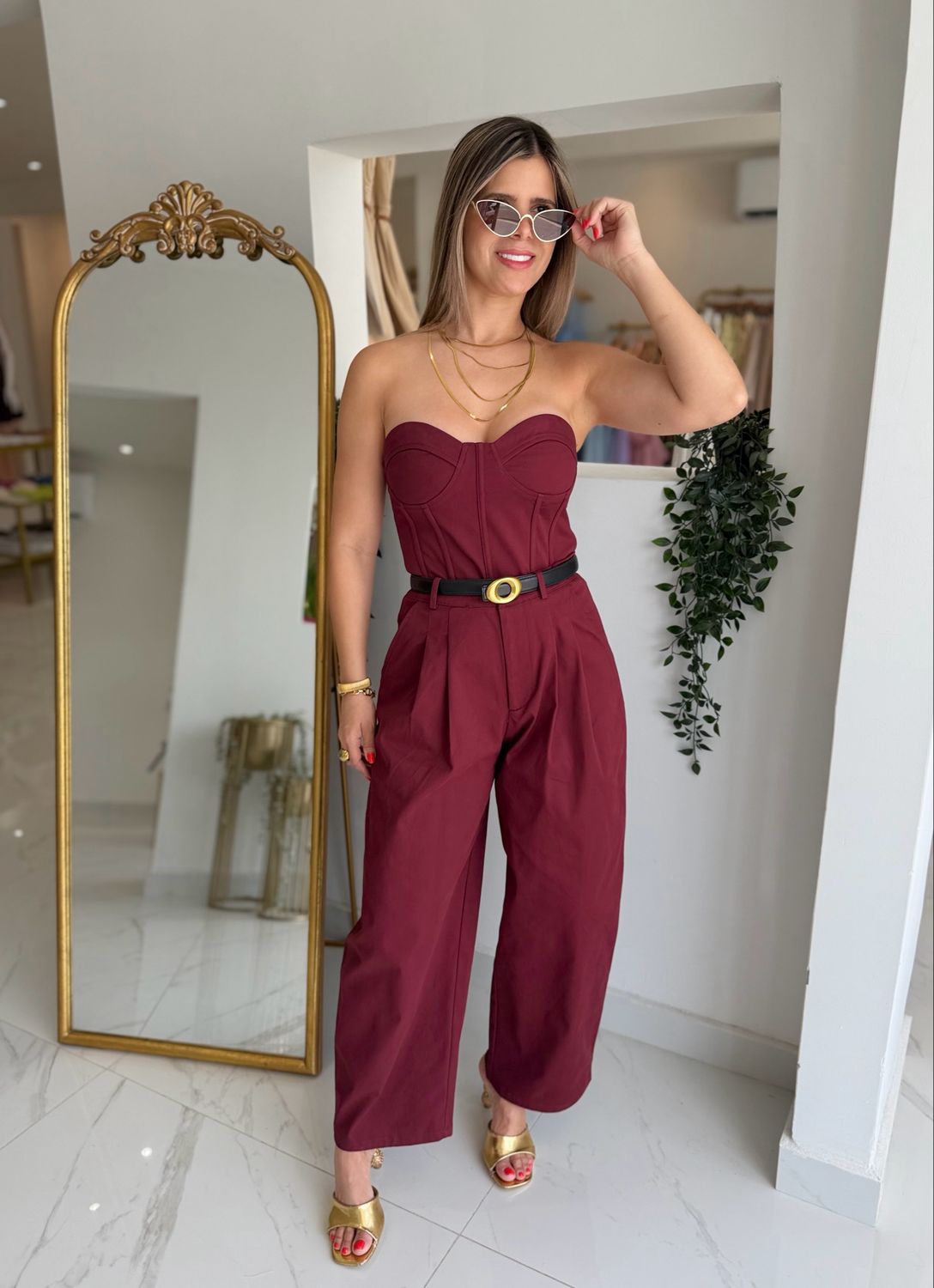 Burgundy Bustier With Barrel Pant Set