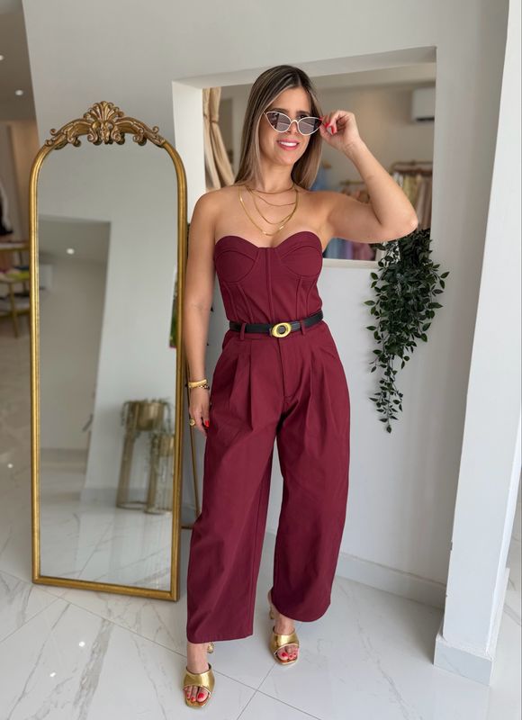 Burgundy Bustier With Barrel Pant Set