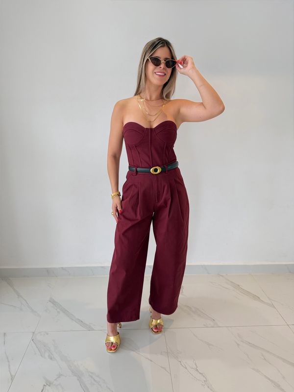 Burgundy Bustier With Barrel Pant Set