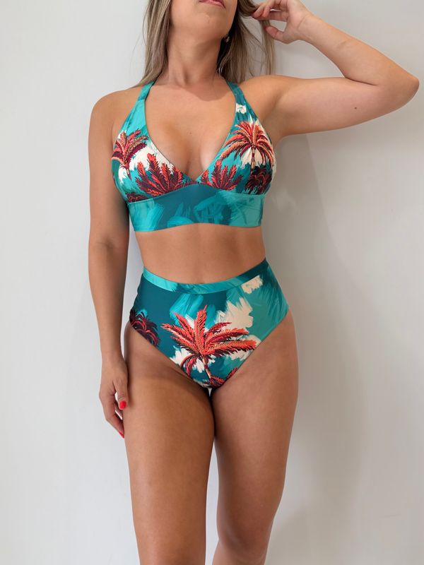 Teal &amp; Red Palm Trees High Waisted Bikini