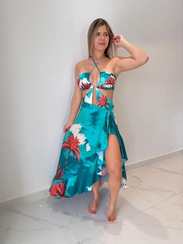 Teal &amp; Red Palm Trees Cover Up Skirt