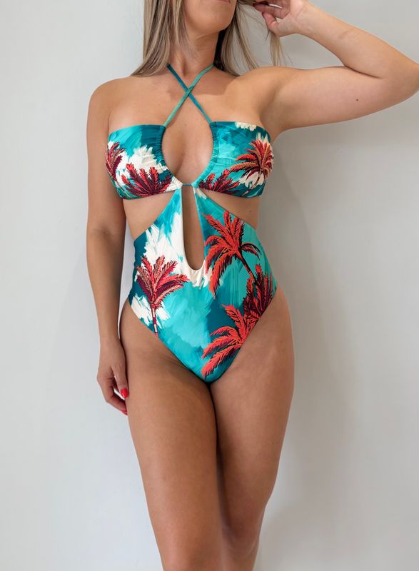 Teal &amp; Red Palm Trees Cut Out One Piece