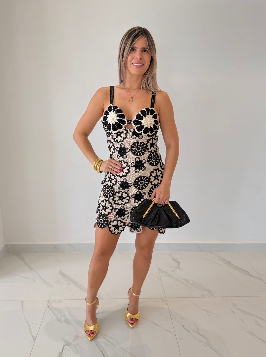 Black &amp; Cream Crochet Short Dress