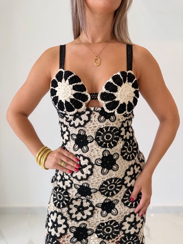 Black &amp; Cream Crochet Short Dress