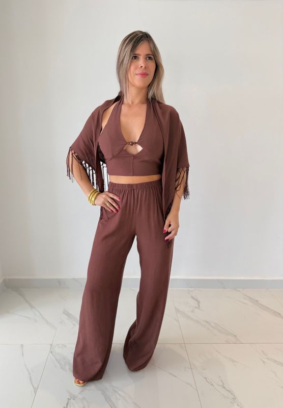 Brown Pant Set With Scarf