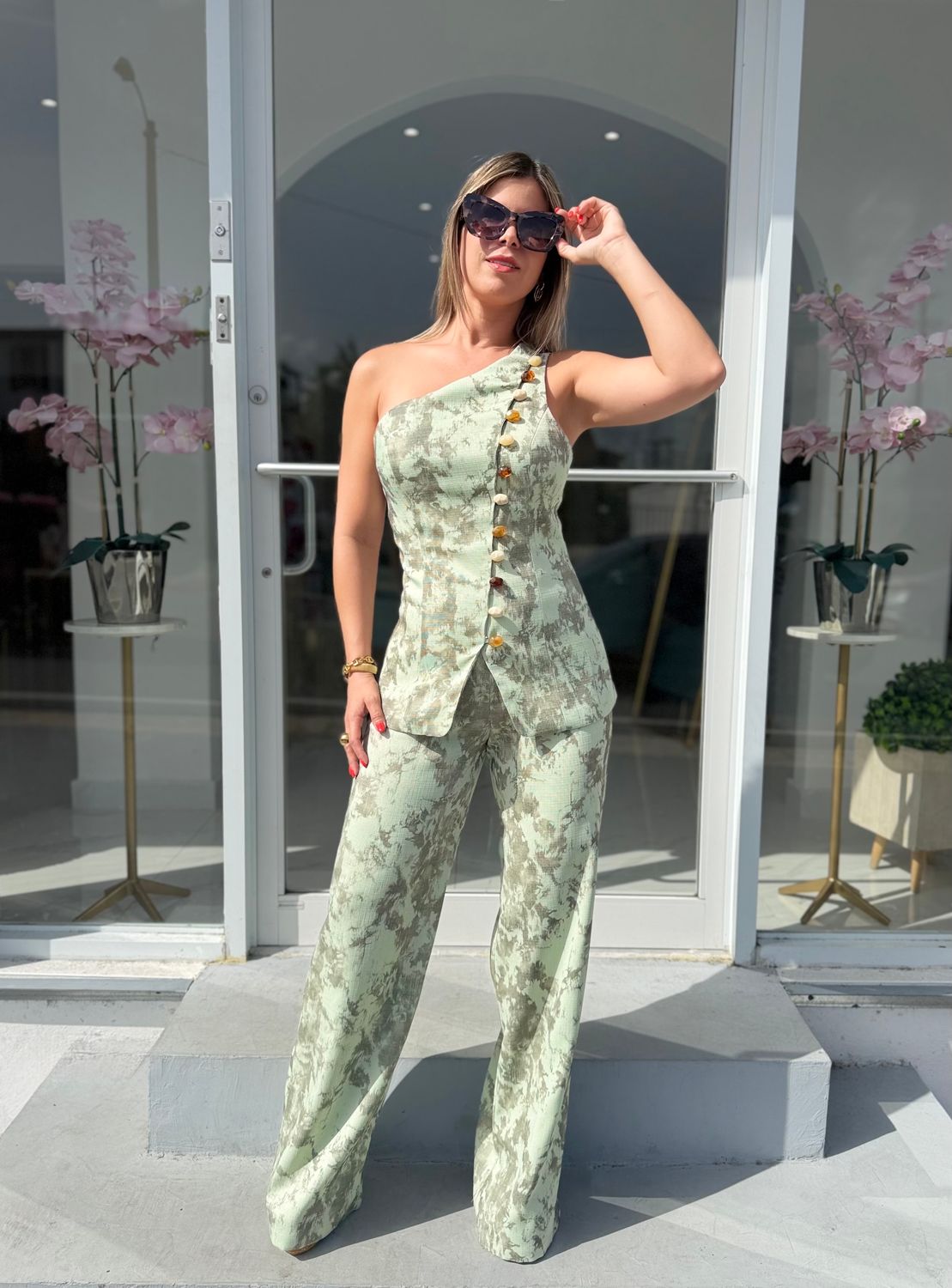 Green Elegant Vest with Stones Pant Set