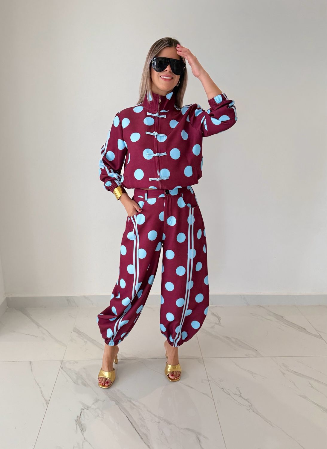 Burgundy &amp; Blue Polka Dots Jogger Pant Set