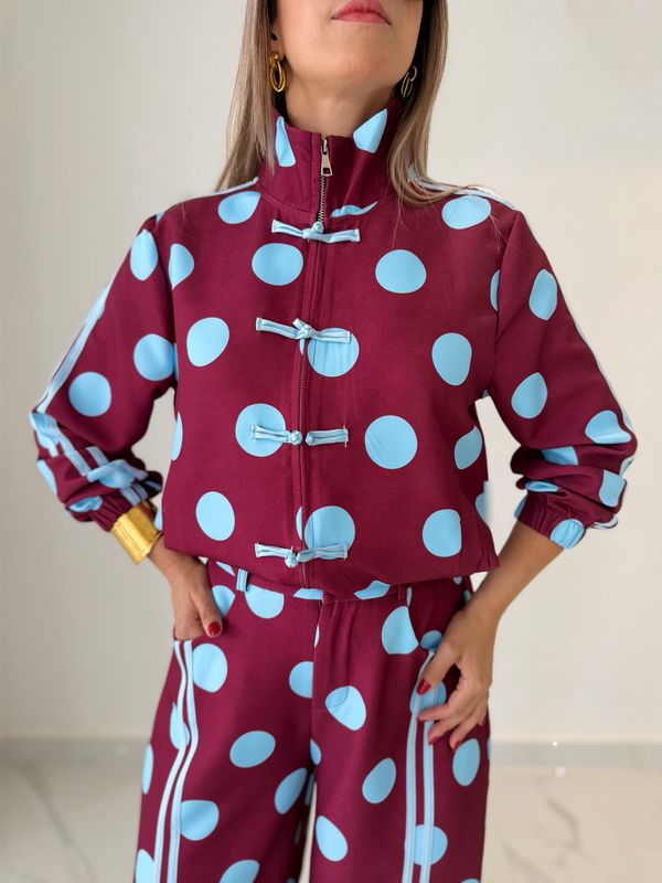 Burgundy &amp; Blue Polka Dots Jogger Pant Set