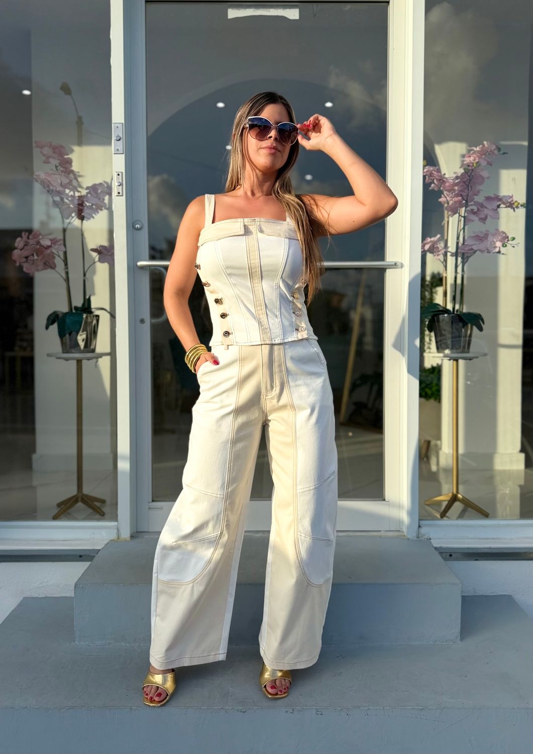 White &amp; Beige Barrel Pant Set