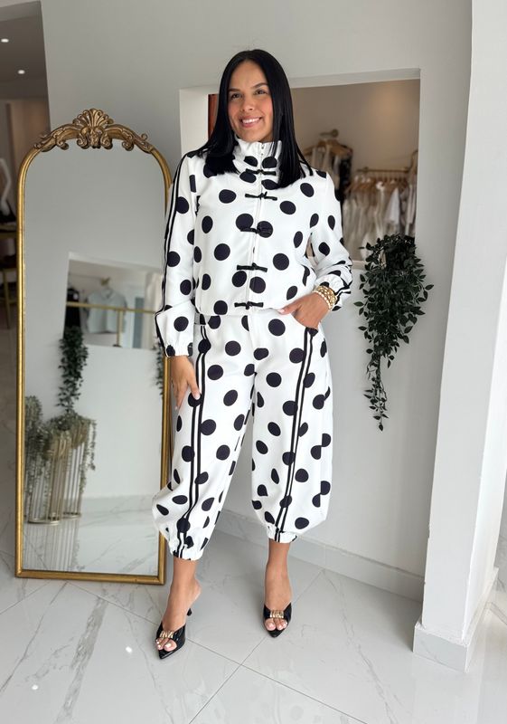 White &amp; Black Polka Dots Jogger Pant Set