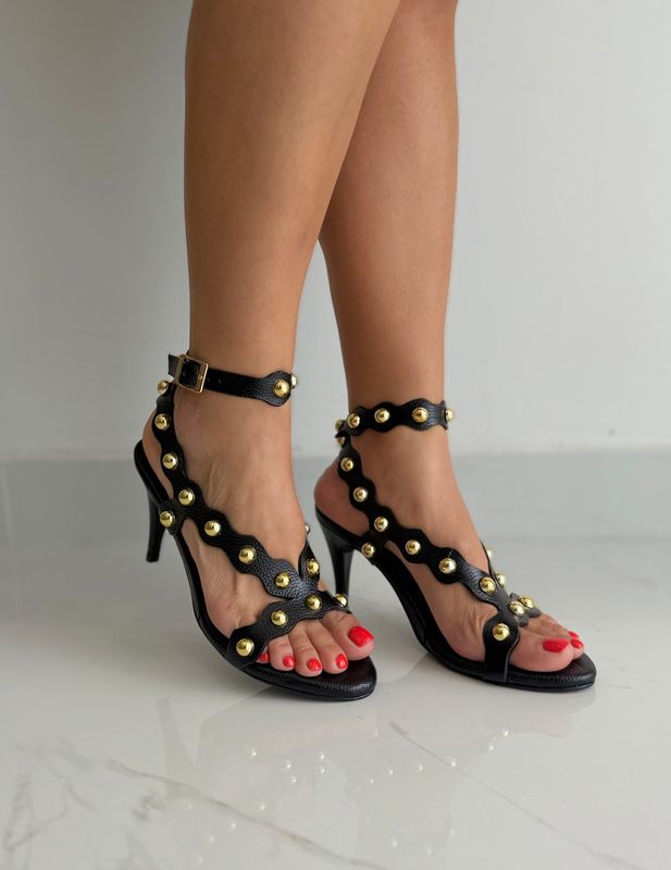 Black &amp; Gold Studs Exclusive Heels 100% Leather