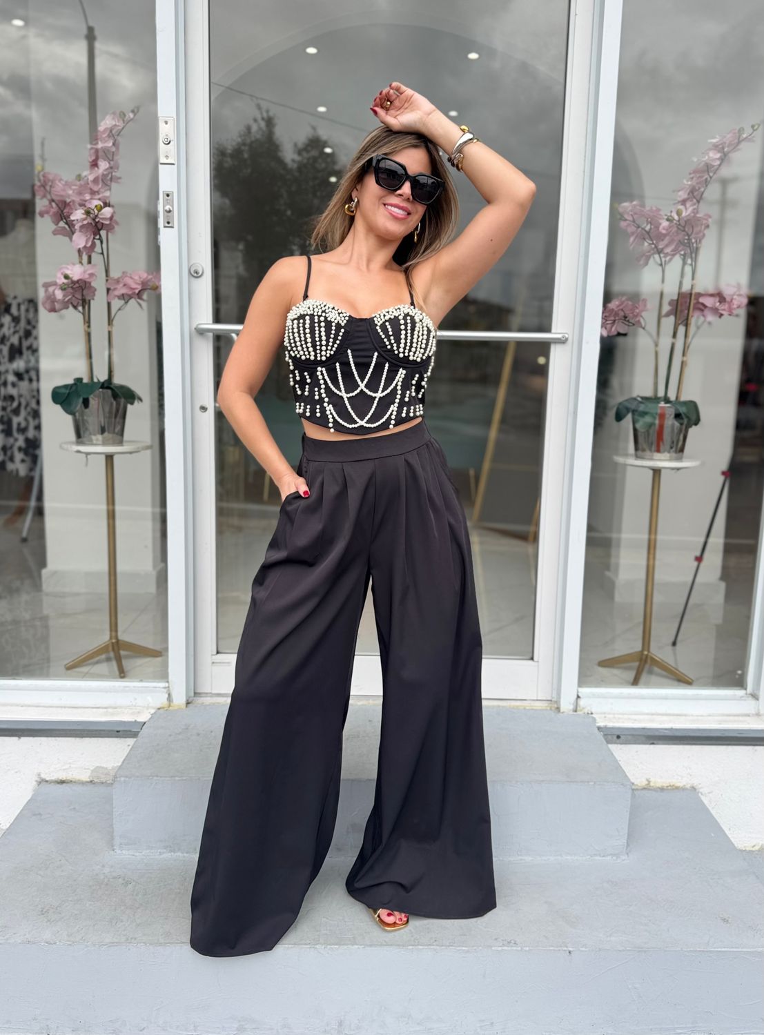Black &amp; Pearls Bustier Pant Set