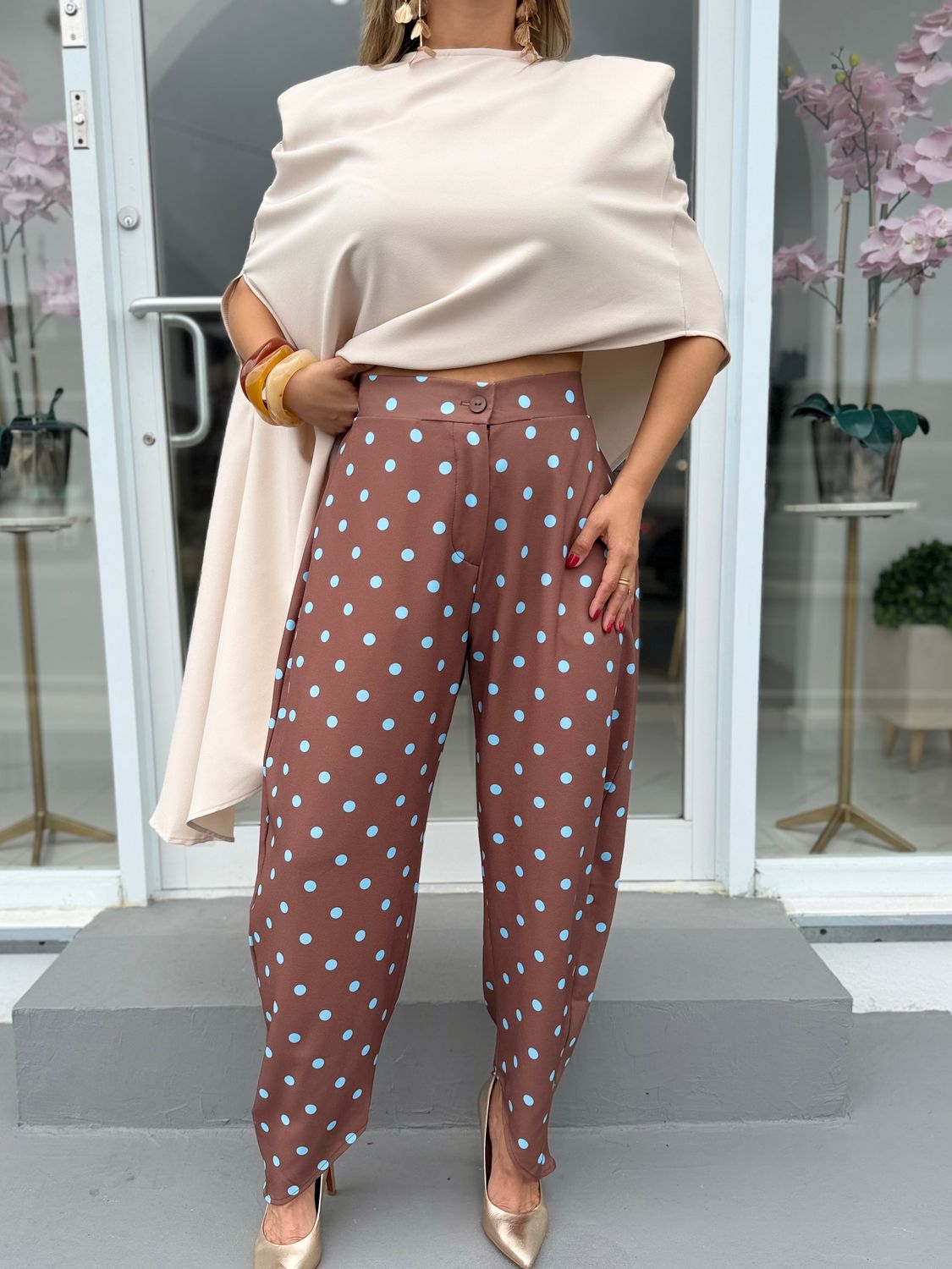 Brown &amp; Blue Polka Dots Barrel Pant