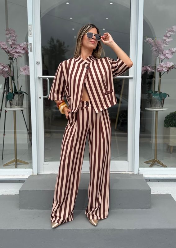 Beige &amp; Brown Stripes Pant Set