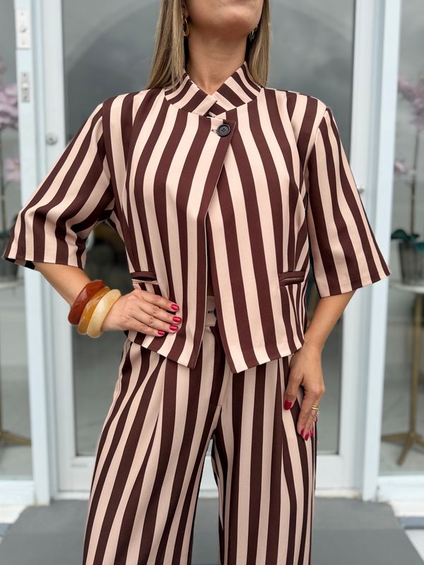 Beige &amp; Brown Stripes Pant Set
