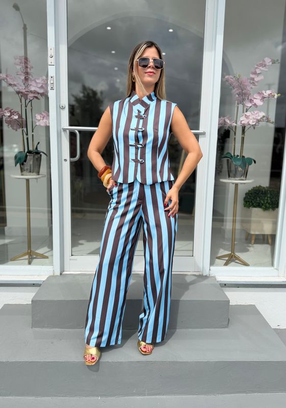 Blue &amp; Brown Stripes Pant Set