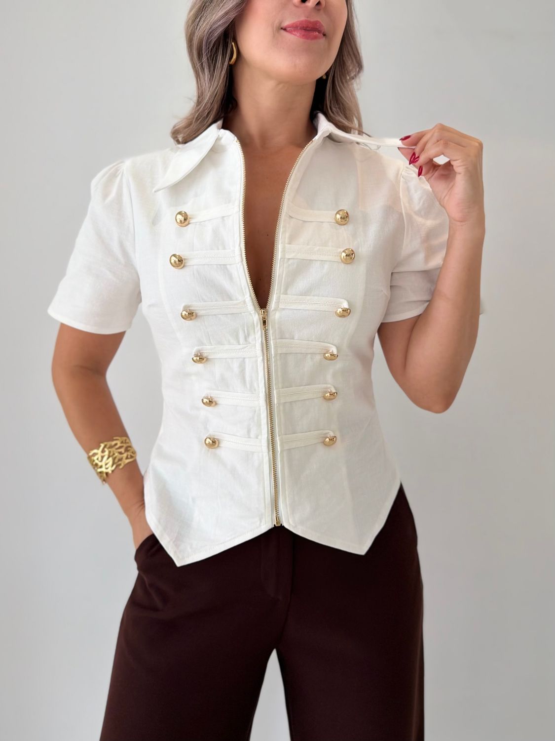 White Gold Buttons Blouse