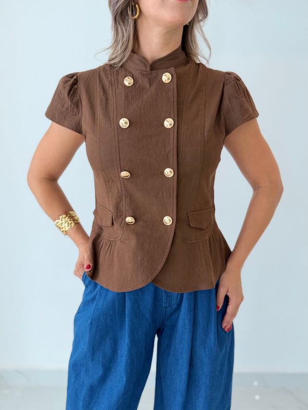 Brown Gold Buttons Blouse