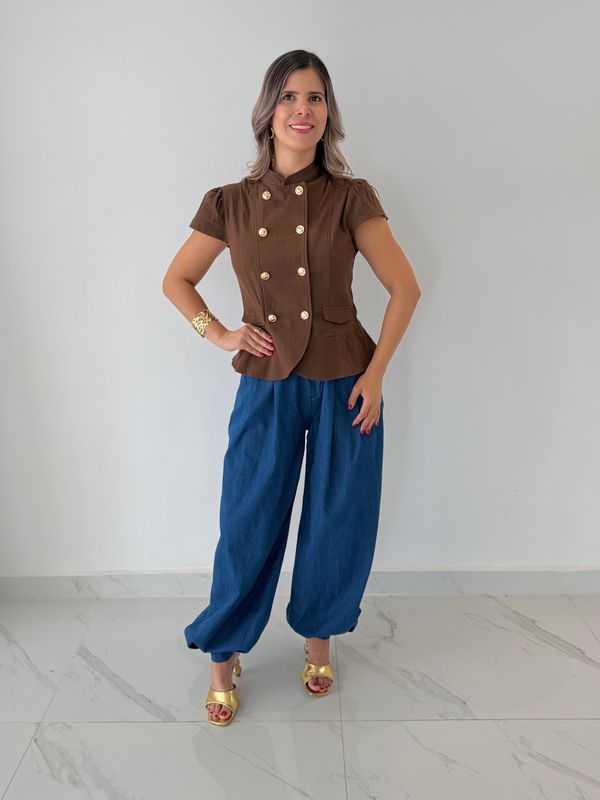 Brown Gold Buttons Blouse