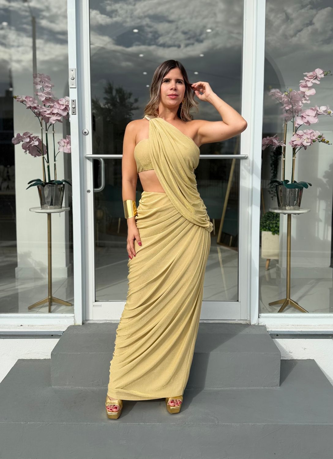 Gold Shiny One Shoulder Formal Dress