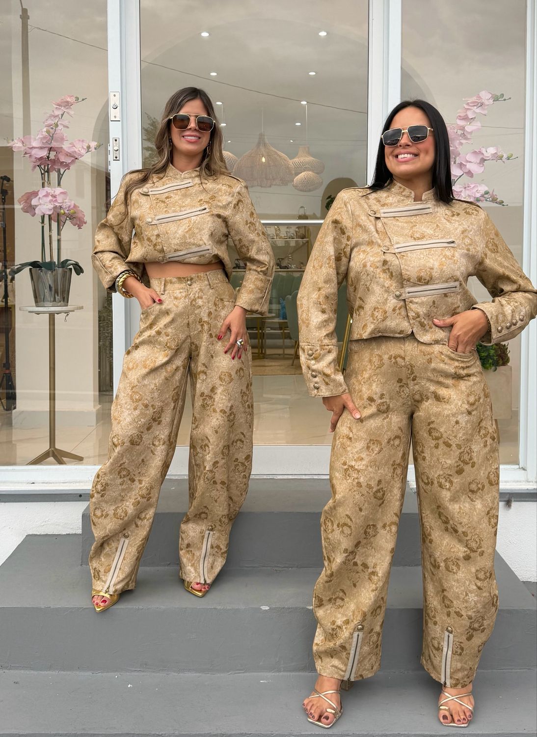 Beige &amp; Gold Barrel Pant Set