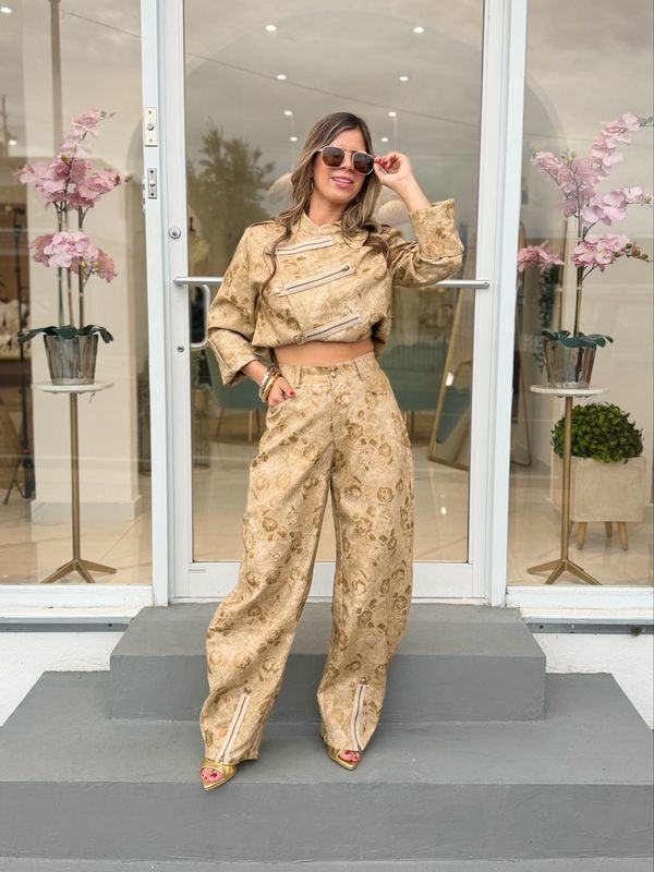 Beige &amp; Gold Barrel Pant Set