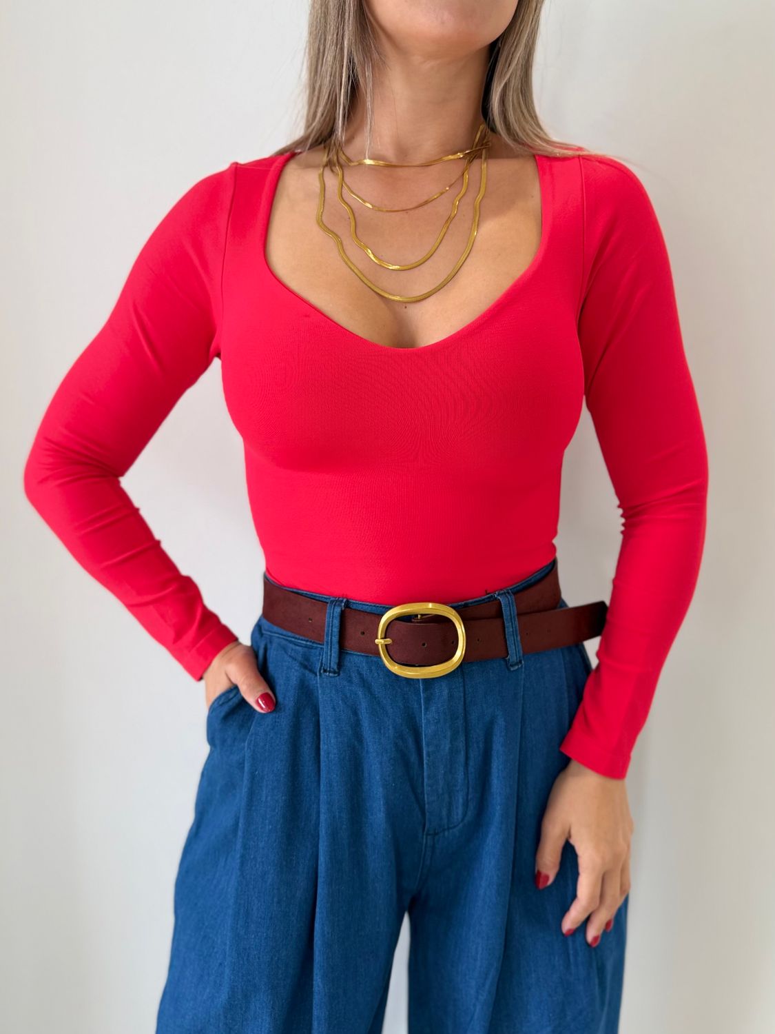 Red Long Sleeve Basic Top
