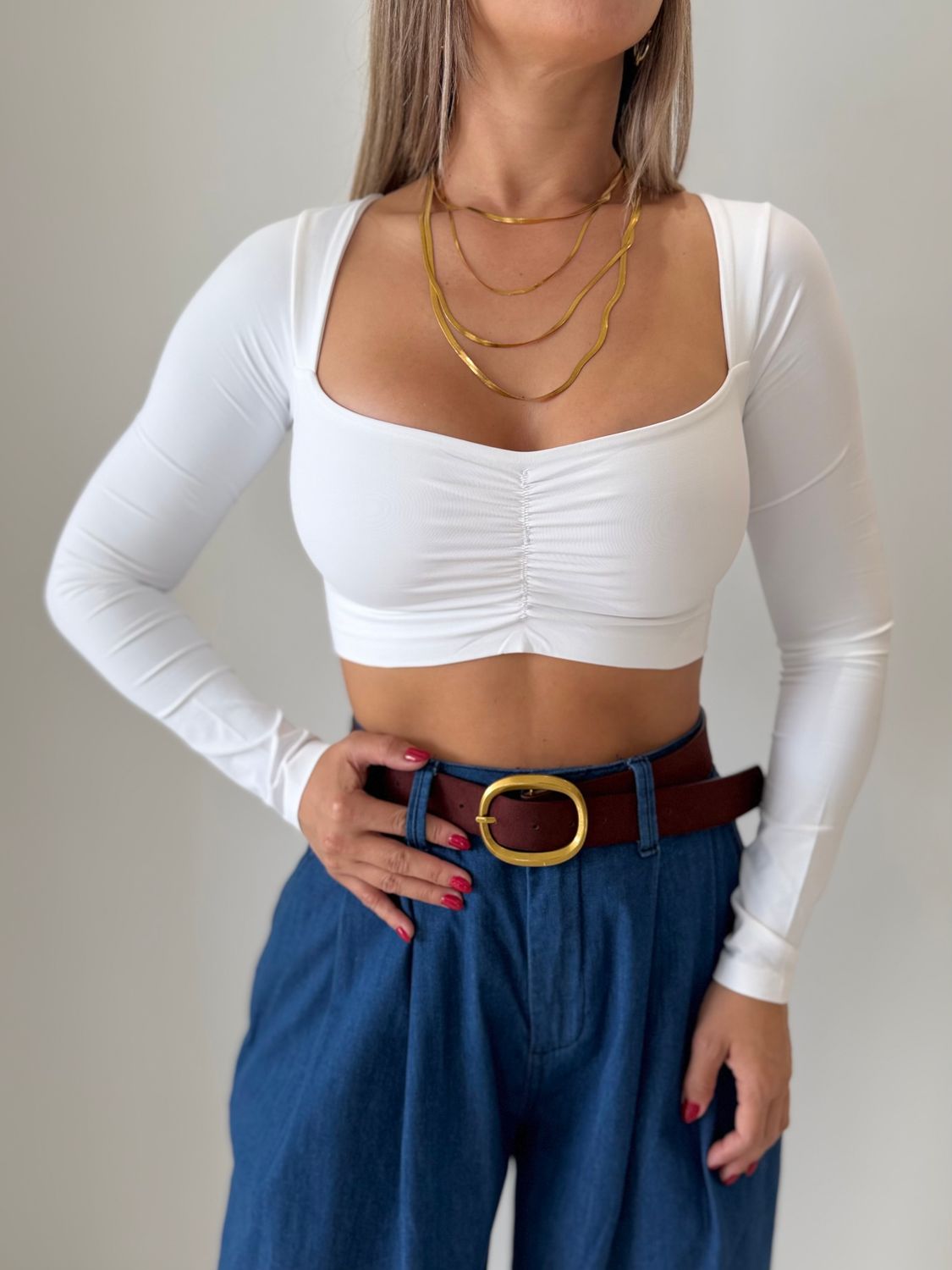 White Long Sleeve Basic Crop Top