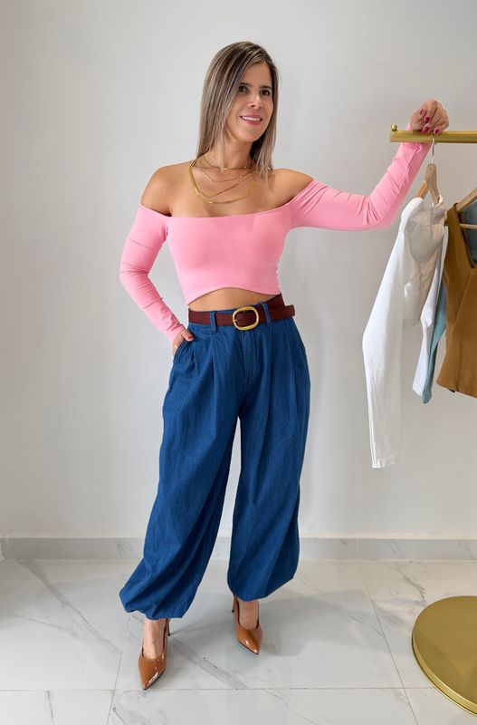 Bubble Gum Long Sleeve Basic Crop Top