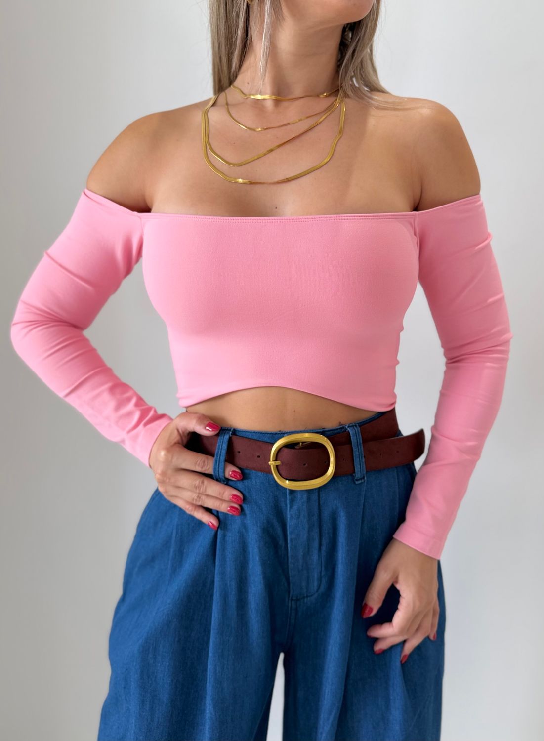 Bubble Gum Long Sleeve Basic Crop Top