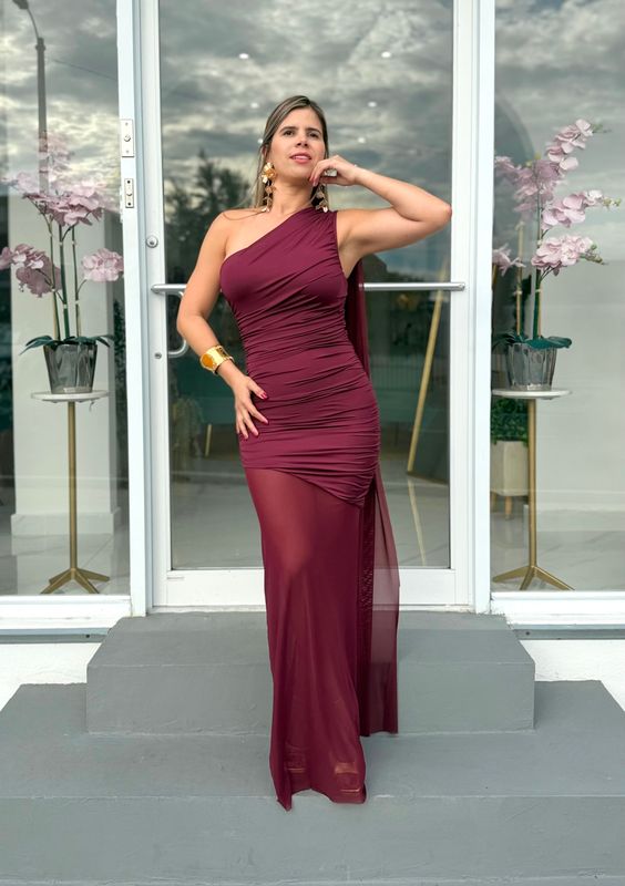 Burgundy One Shoulder Formal Dress With Mesh
