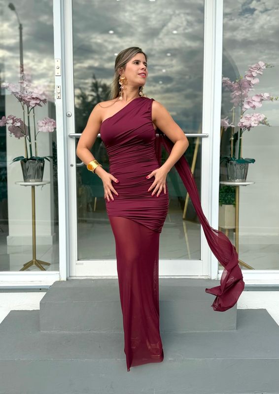 Burgundy One Shoulder Formal Dress With Mesh