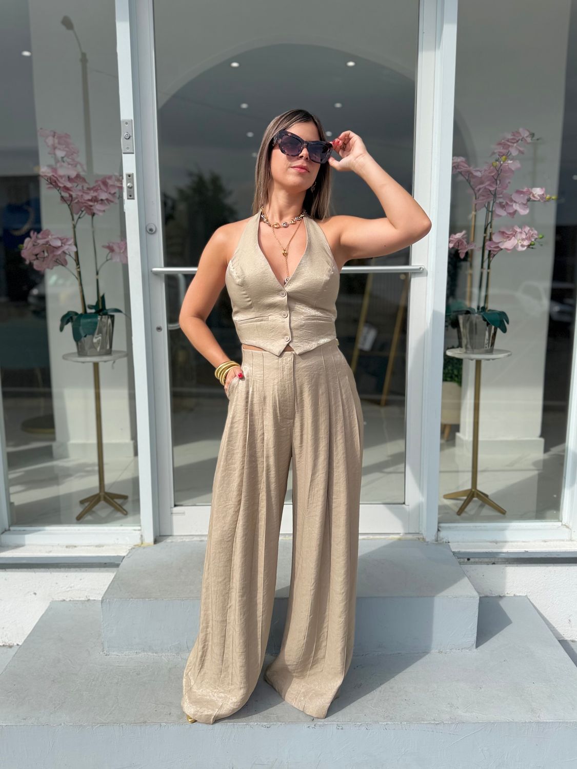 Taupe Shiny Pant Set