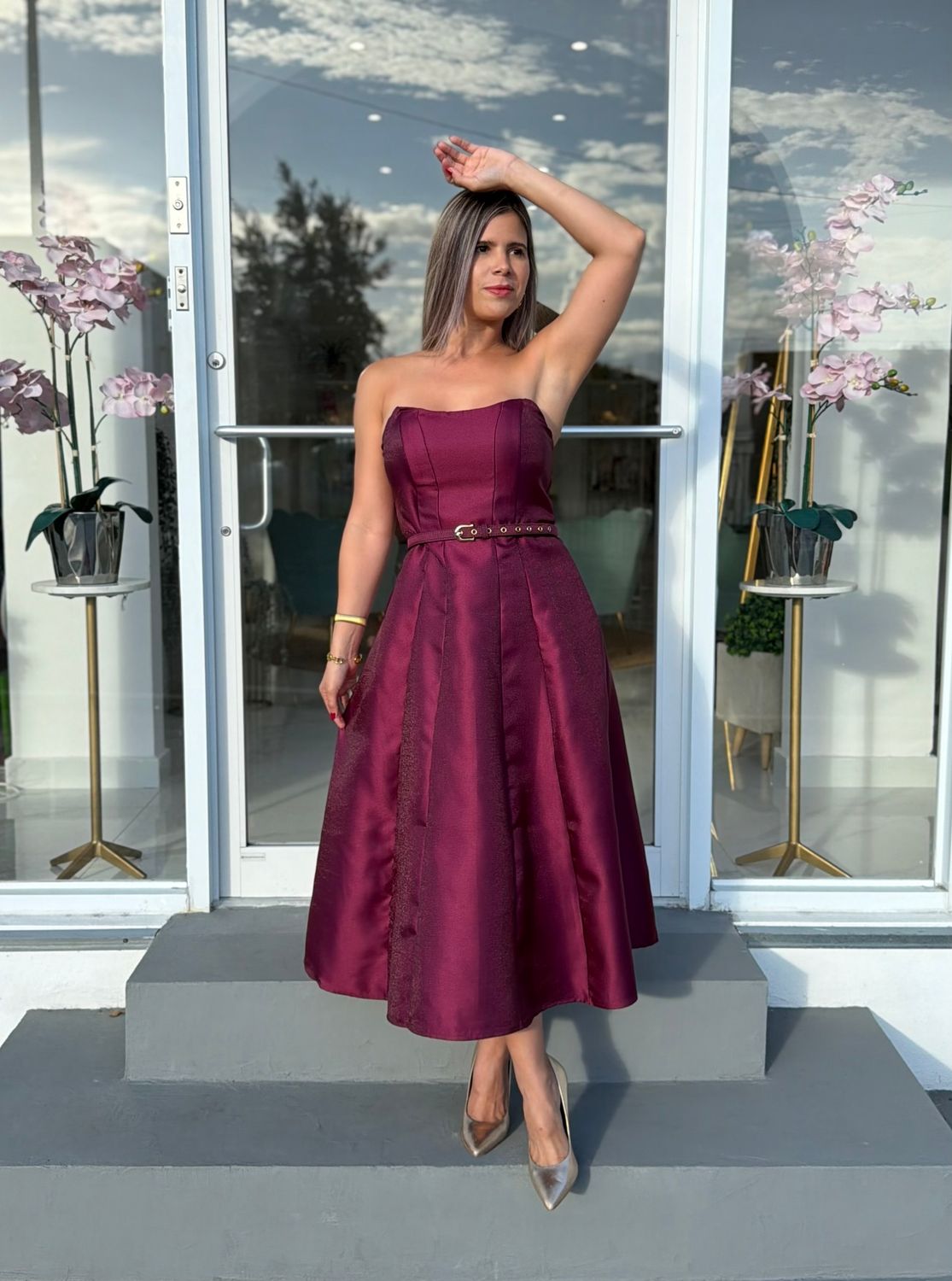 Wine Strapless Midi Dress