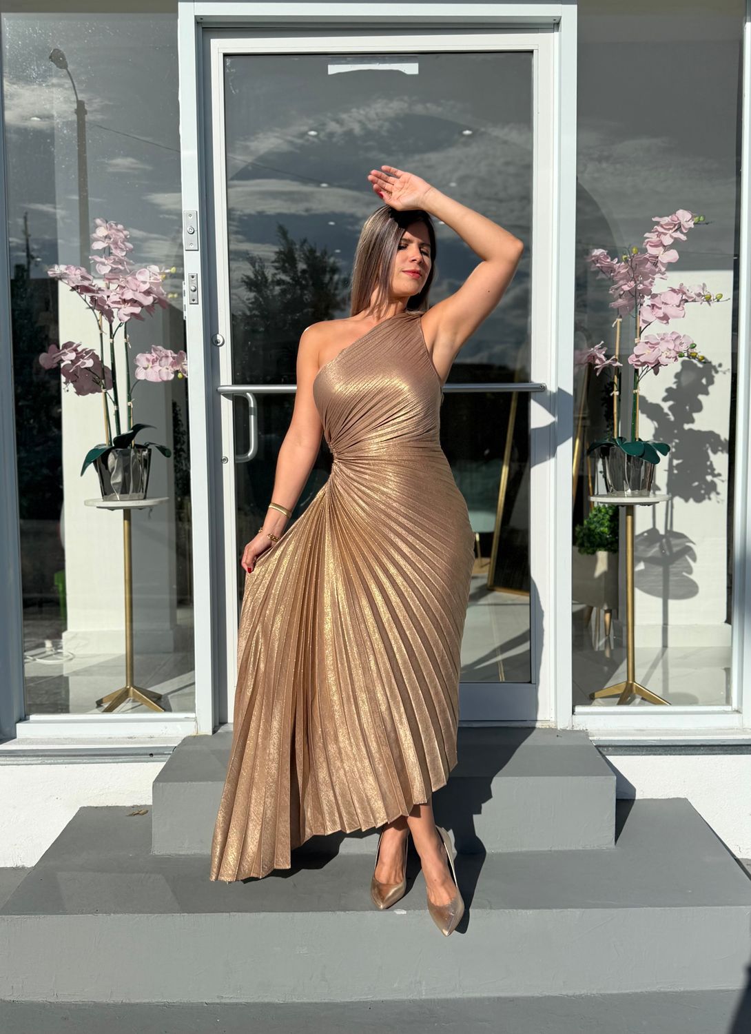 Gold One Shoulder Asymetric Cocktail Dress